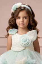 Girls Mint Green & Ivory High-Low Ruffle Party Dress - Image 2