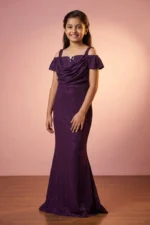 Purple Glitter Cold-Shoulder Mermaid Gown with Matching Arm Sleeves For Girls - Image 3