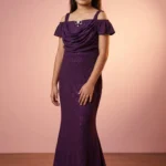 Purple Glitter Cold-Shoulder Mermaid Gown with Matching Arm Sleeves For Girls