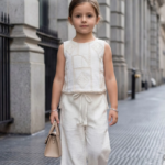 Girls Off-White Embroidered Top with Wide-Leg Pants Set