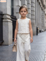 Girls Off-White Embroidered Top with Wide-Leg Pants Set