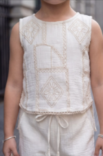 Girls Off-White Embroidered Top with Wide-Leg Pants Set - Image 3