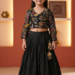Girls Black Embroidered Lehenga Choli Set with Sheer Sleeves