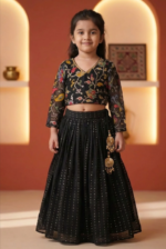 Girls Black Embroidered Lehenga Choli Set with Sheer Sleeves