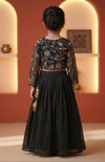 Girls Black Embroidered Lehenga Choli Set with Sheer Sleeves - Image 2