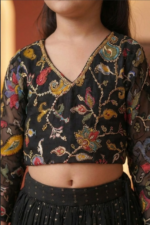 Girls Black Embroidered Lehenga Choli Set with Sheer Sleeves - Image 3