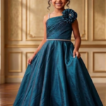 Girls Teal Blue One-Shoulder Party Gown with Floral Applique