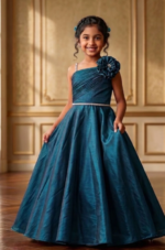 Girls Teal Blue One-Shoulder Party Gown with Floral Applique