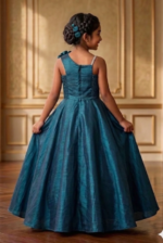 Girls Teal Blue One-Shoulder Party Gown with Floral Applique - Image 2