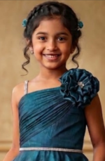 Girls Teal Blue One-Shoulder Party Gown with Floral Applique - Image 3