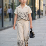 Girls Cream Floral Printed Co-Ord Set with Shirt Collar Top And Pants