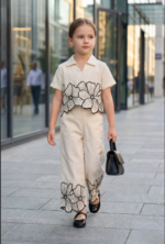 Girls Cream Floral Printed Co-Ord Set with Shirt Collar Top And Pants
