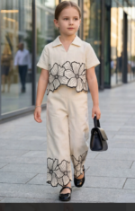 Girls Cream Floral Printed Co-Ord Set with Shirt Collar Top And Pants - Image 3