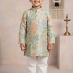 Boys Green Floral Embroidered Kurta Set with Cream Pyjama