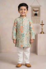 Boys Green Floral Embroidered Kurta Set with Cream Pyjama