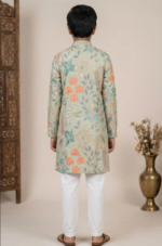 Boys Green Floral Embroidered Kurta Set with Cream Pyjama - Image 2