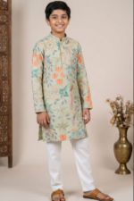 Boys Green Floral Embroidered Kurta Set with Cream Pyjama - Image 3
