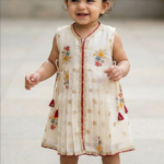 Cream Floral Embroidered Casual Dress with Tassel Detailing For Girls